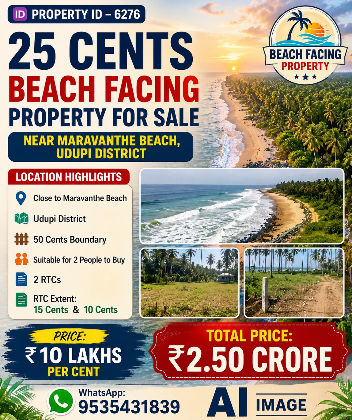 🆔 *PROPERTY ID – 6276* 🏖️🌴 *25 CENTS BEACH FACING PROPERTY FOR SALE – NEAR MARAVANTHE BEACH, UDUPI DISTRICT*